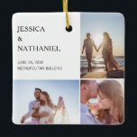 Wedding Photo Collage | White Christmas Ceramic Ornament<br><div class="desc">This keepsake ornament makes for a special favour for your wedding guests. Design features three photos over a white background on the front and one full bleed photo on the back. Use the template to add your names, wedding date and venue. This Christmas ornament also makes a great gift to...</div>