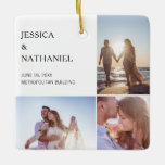 Wedding Photo Collage | White Christmas Ceramic Ornament<br><div class="desc">This keepsake ornament makes for a special favour for your wedding guests. Design features three photos over a white background on the front and one full bleed photo on the back. Use the template to add your names, wedding date and venue. This Christmas ornament also makes a great gift to...</div>