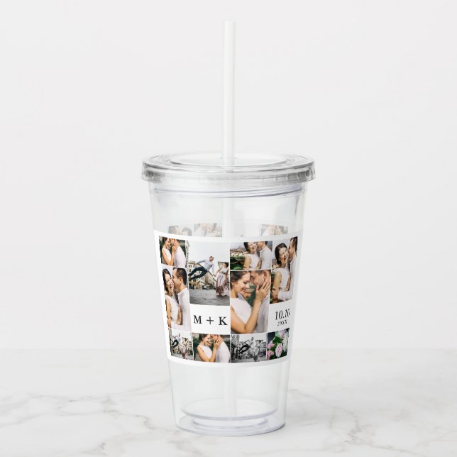 Wedding Photo Collage with Monogram and Date Acrylic Tumbler (Front)