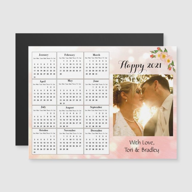 Wedding Photo Coral Flower Mini 2021 Calendar Magnetic Invitation (Front/Back)