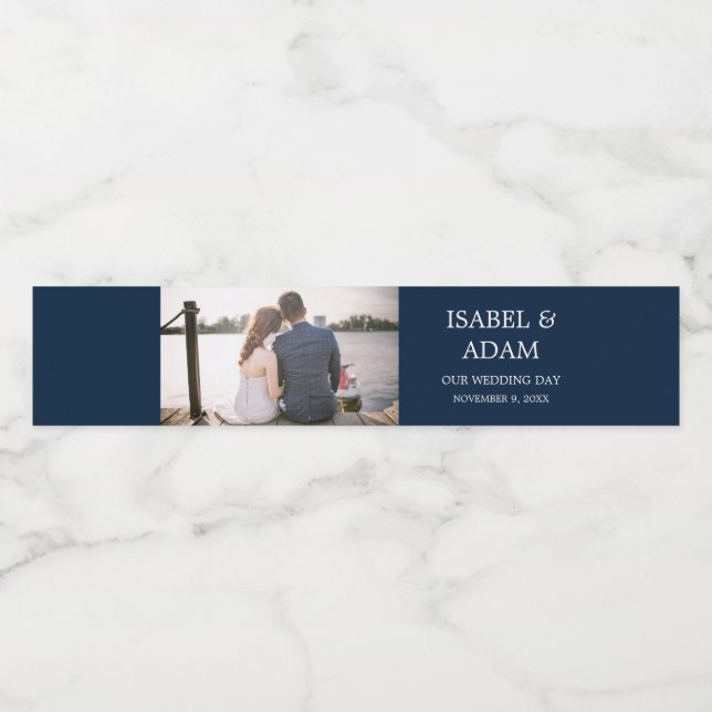Wedding Photo Custom Navy Blue Water Bottle Label (Single Label)