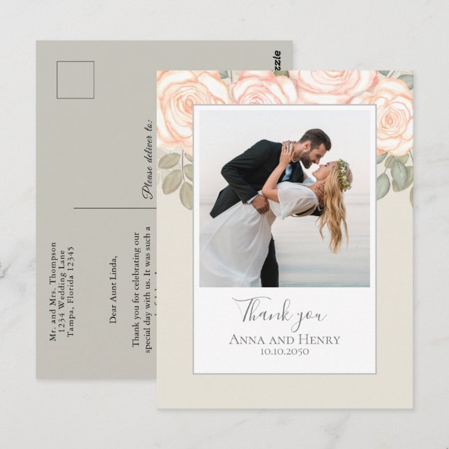 Wedding Photo Elegant Blush Sage Thank You Postcard (Front/Back)