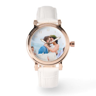 Wedding Photo Elegant Rose Gold & White Leather Watch