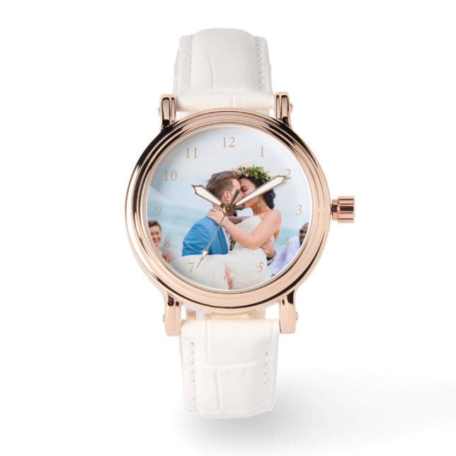 Wedding Photo Elegant Rose Gold & White Leather Watch (Front)