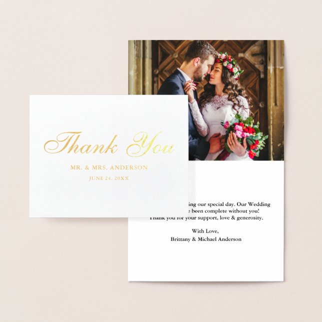 Wedding Photo Elegant Script Thank You Note Gold Foil Card (Display)