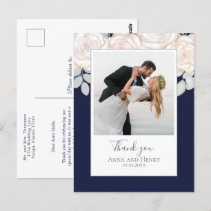 Wedding Photo Elegant Thank You Navy Blue Postcard