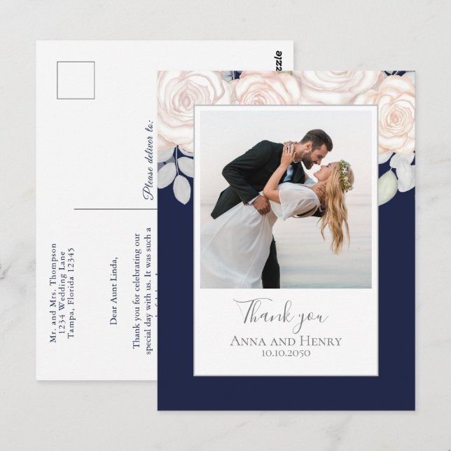 Wedding Photo Elegant Thank You Navy Blue Postcard (Front/Back)