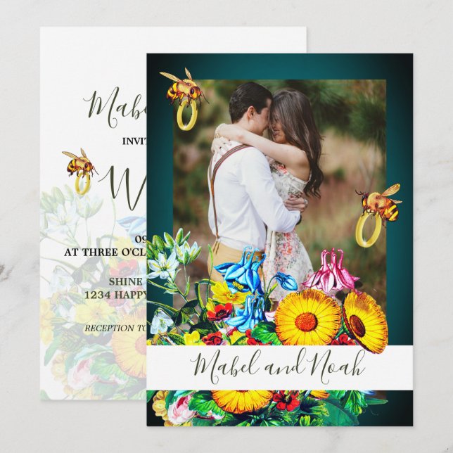 Wedding Photo Floral Bees Emerald Gold Eco  Invitation (Front/Back)