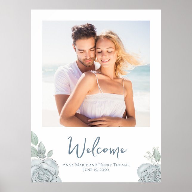 Wedding Photo Floral Blue Watercolor Elegant Roses Poster (Front)