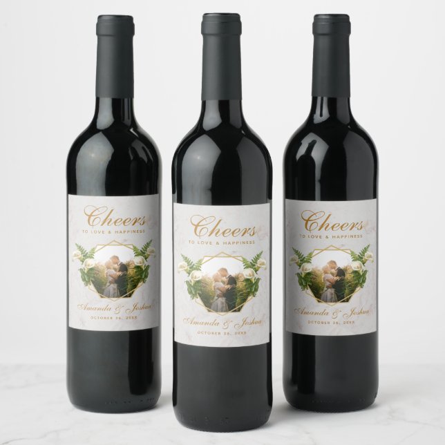 Wedding Photo Floral Geometric Calla Lilies Marble Wine Label (Bottles)