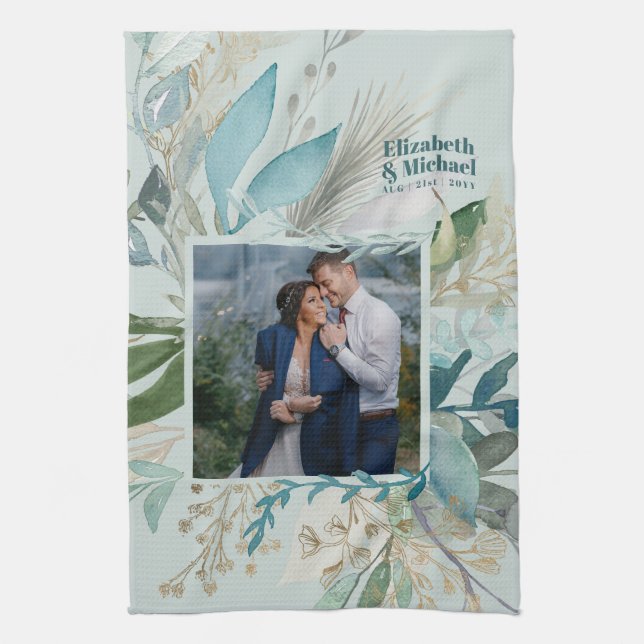Wedding Photo Gift GREENERY Modern Custom Chic Tea Towel (Vertical)