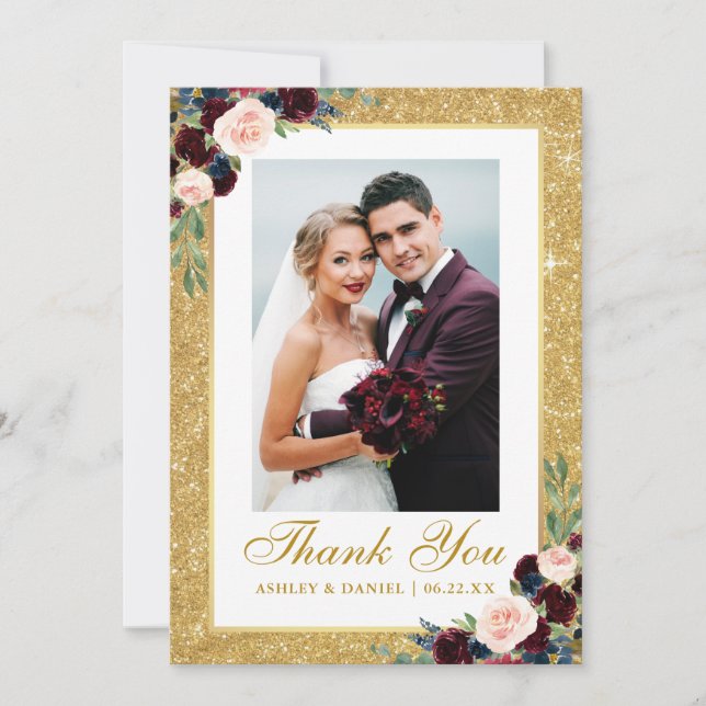 Wedding Photo Gold Glitter Burgundy Blue Floral Thank You Card (Front)