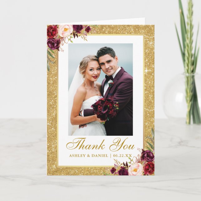 Wedding Photo Gold Glitter Burgundy Floral Fold Thank You Card (Front)