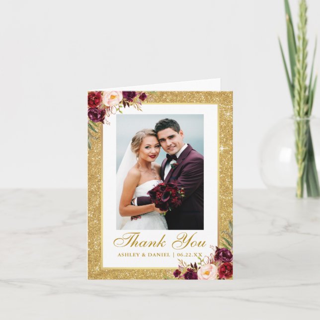Wedding Photo Gold Glitter Burgundy Floral Note Thank You Card (Front)