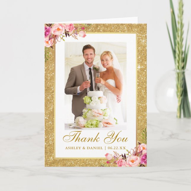 Wedding Photo Gold Glitter Pink Floral Fold Thank You Card (Front)