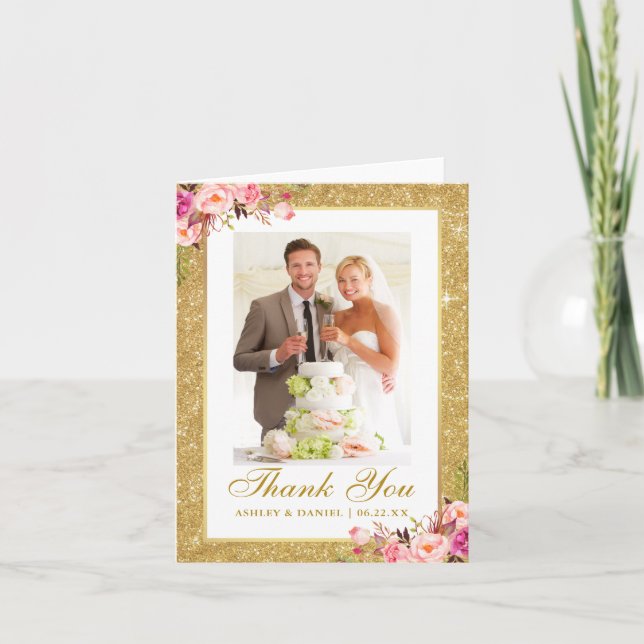 Wedding Photo Gold Glitter Pink Floral Note Thank You Card (Front)