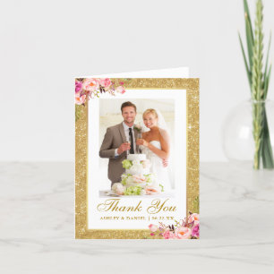 Wedding Photo Gold Glitter Pink Floral Note Thank You Card