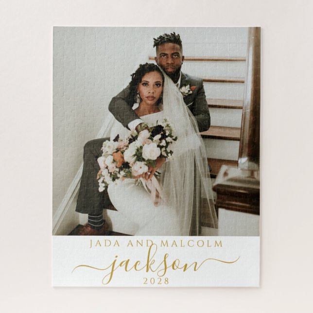 Wedding Photo Gold Name Monogram Jigsaw Puzzle (Vertical)