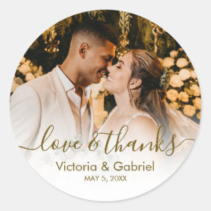 Wedding Photo Gold Script Photo Thank You Classic Round Sticker