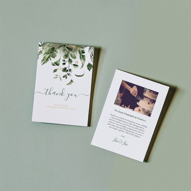 Wedding photo, green garden wedding thank you card (Modern green leaves wedding thank you card, with elegant script and photo)