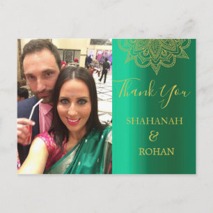 Wedding Photo Green Gold Indian Style Thank You Postcard