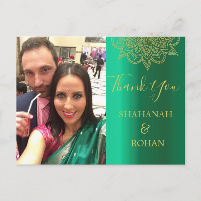Wedding Photo Green Gold Indian Style Thank You Postcard (Front)