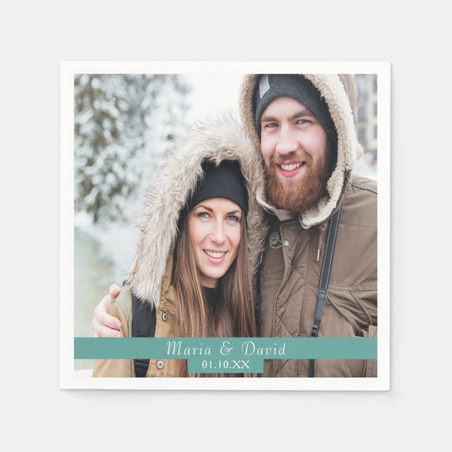 Wedding photo green names napkin (Front)