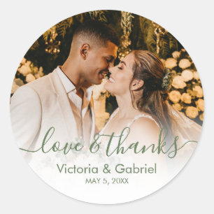 Wedding Photo Green White Script Photo Thank You Classic Round Sticker