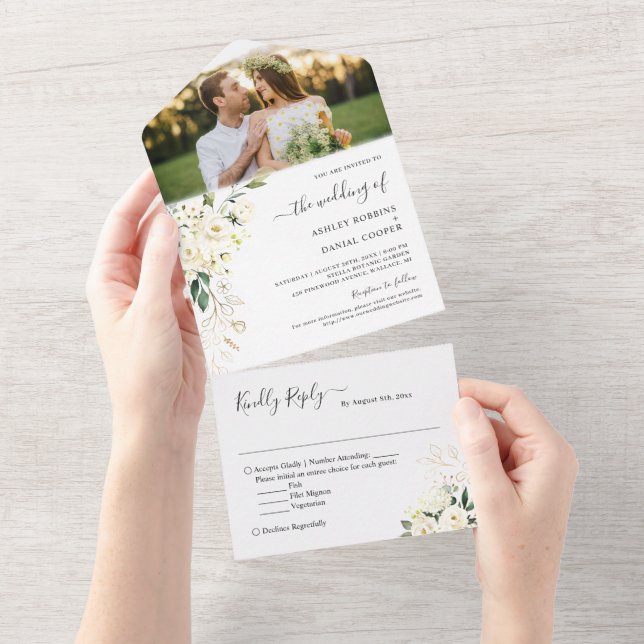 Wedding Photo Greenery Ivory White Gold Floral All In One Invitation (Tearaway)