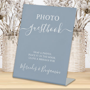 Wedding Photo Guest Modern Calligraphy Dusty Blue  Pedestal Sign
