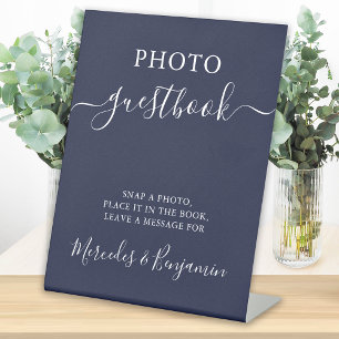 Wedding Photo Guest Modern Calligraphy Navy Blue  Pedestal Sign