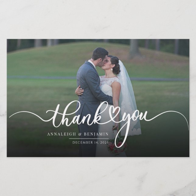 Wedding Photo Hand Lettered Heart Thank You Card (Front)