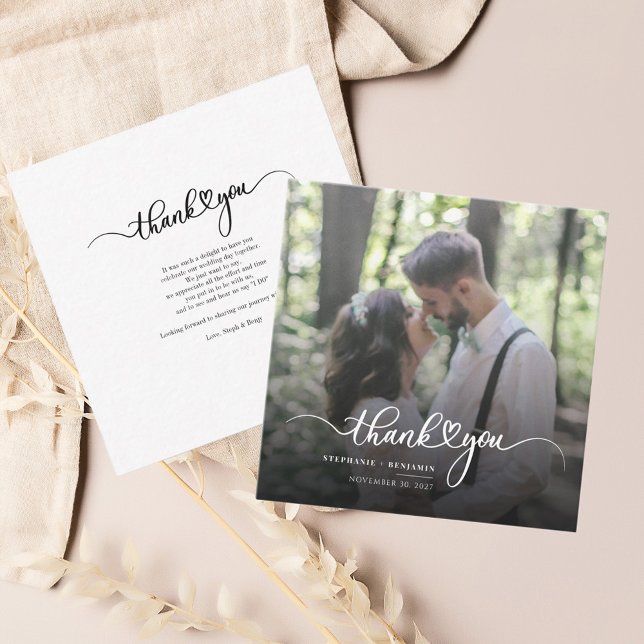 Wedding Photo Hand-Lettered Thank You Card (Wedding Day Couple Photo Script Thank You Card)