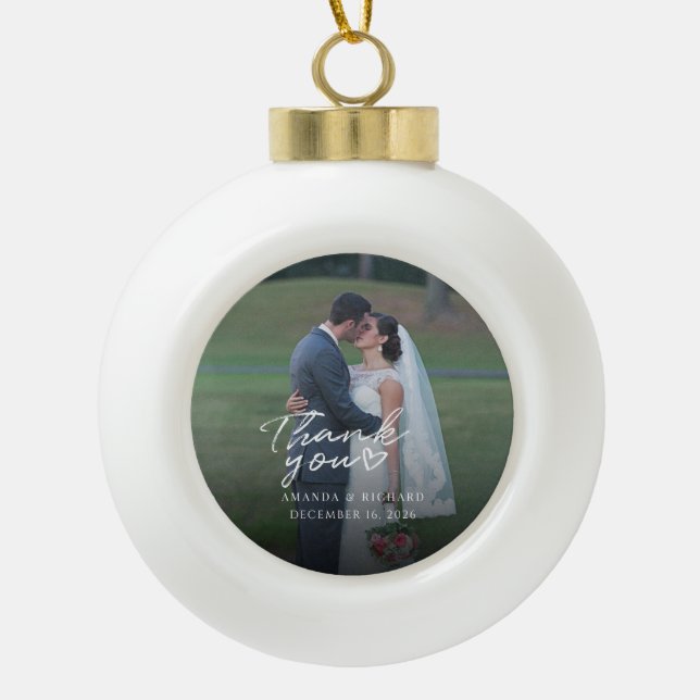 Wedding Photo Hand-Lettered Thank You Ceramic Ball Christmas Ornament (Front)