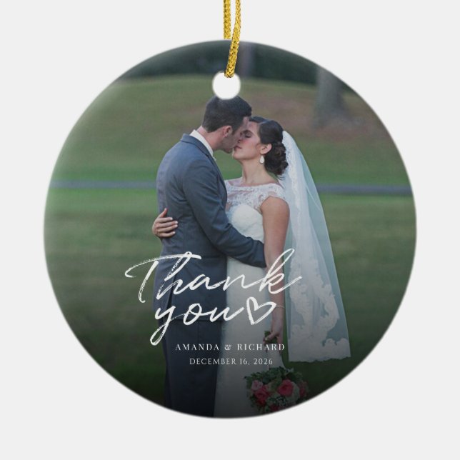 Wedding Photo Hand-Lettered Thank You Ceramic Tree Decoration (Front)