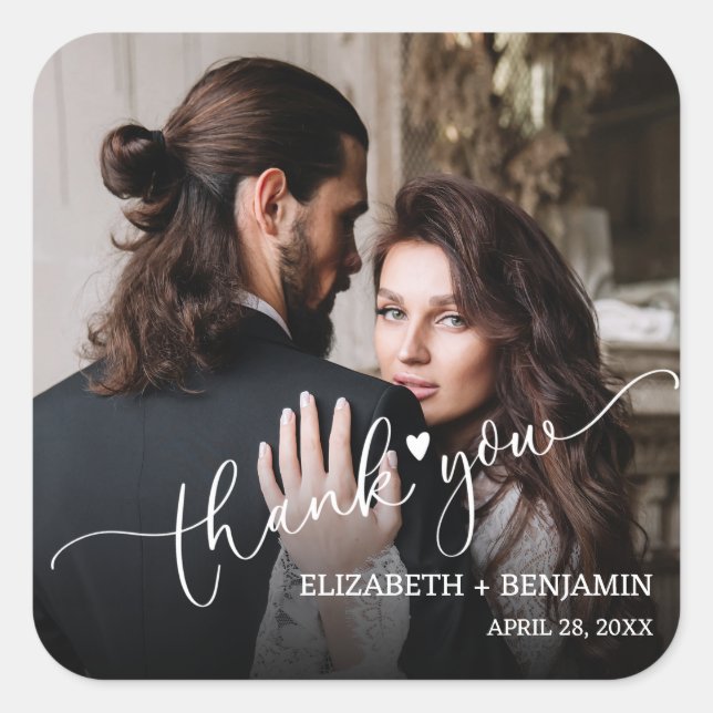 Wedding Photo Hand-Lettered Thank You Square Sticker (Front)