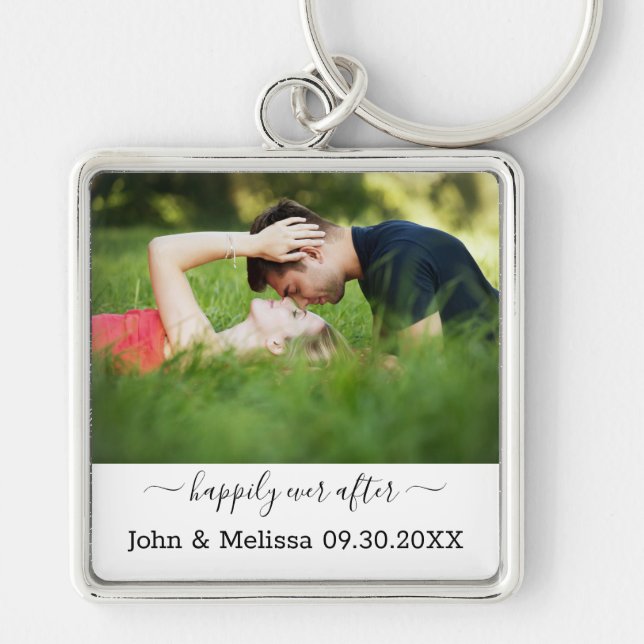 Wedding Photo Happily Ever After Name Date Key Ring (Front)