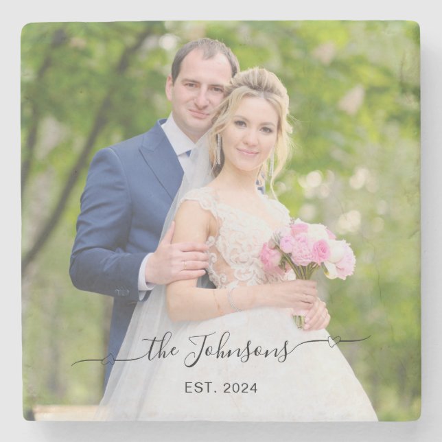 Wedding Photo Heart Swash Signature  Stone Coaster (Front)