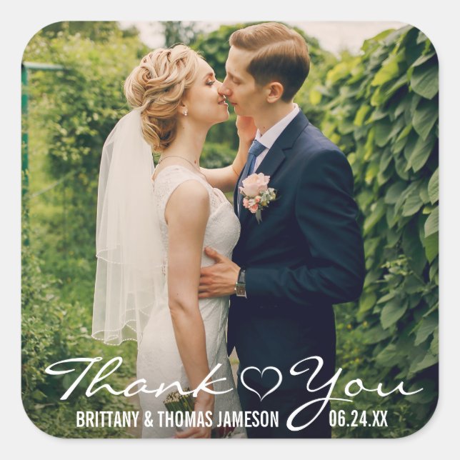 Wedding Photo Heart Thank You Square Sticker (Front)