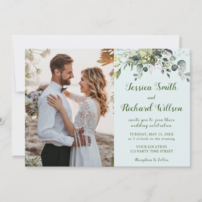 Wedding PHOTO Invitation Eucalyptus Watercolor (Front)