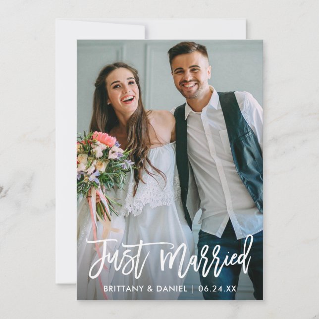 Wedding Photo Just Married Brush Script Modern Announcement (Front)