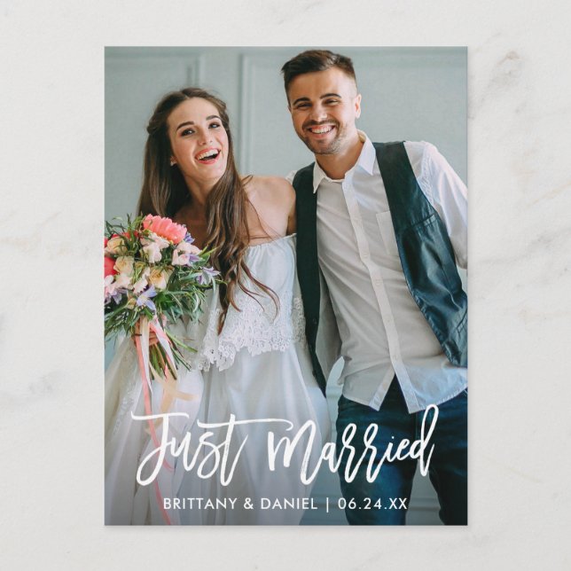 Wedding Photo Just Married Brush Script Modern Postcard (Front)
