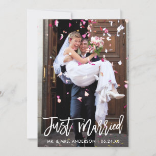 Wedding Photo Just Married Modern Brush Script Announcement