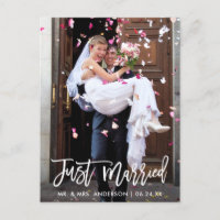 Wedding Photo Just Married Modern Brush Script