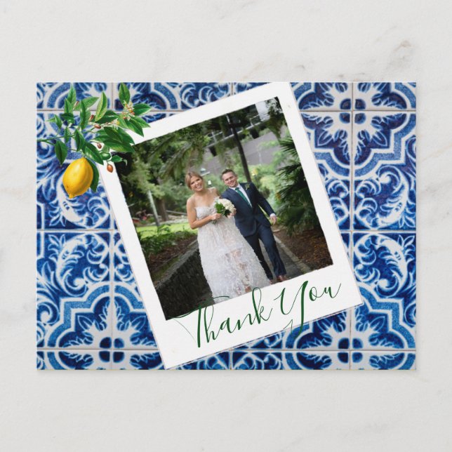 Wedding Photo Lemon Blue Tile  Elegant Thank You Postcard (Front)