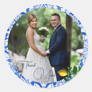  Wedding Photo Lemon Blue Tile Thank You  Classic Round Sticker