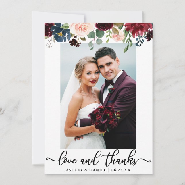 Wedding Photo Love and Thanks Burgundy Blue Floral Thank You Card (Front)