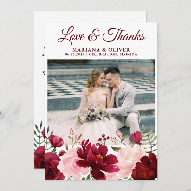 Wedding Photo Love and Thanks Card Burgundy Pink (Front/Back)