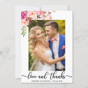 Wedding Photo Love and Thanks Pink Floral Thank You Card