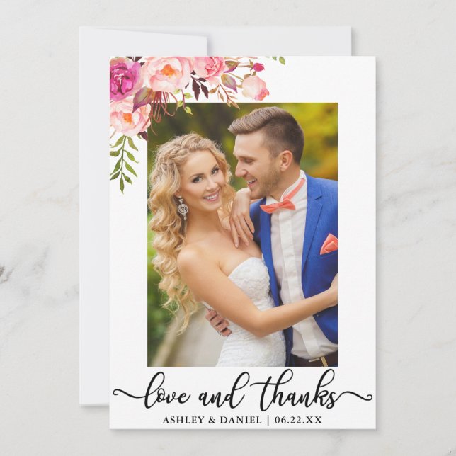 Wedding Photo Love and Thanks Pink Floral Thank You Card (Front)